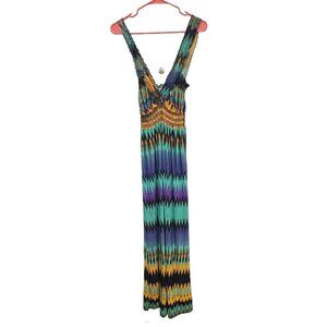Just Funky Womens BOHO Maxi Dress  Large Multicolor Chevron Smocked Sleeveless